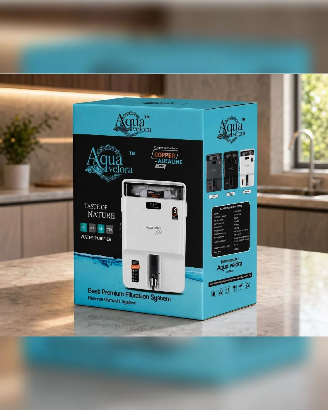 Aqua Velora Elite box on a kitchen counter