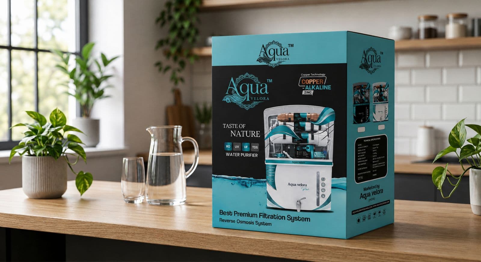 Aqua Velora Elite window box on a kitchen counter